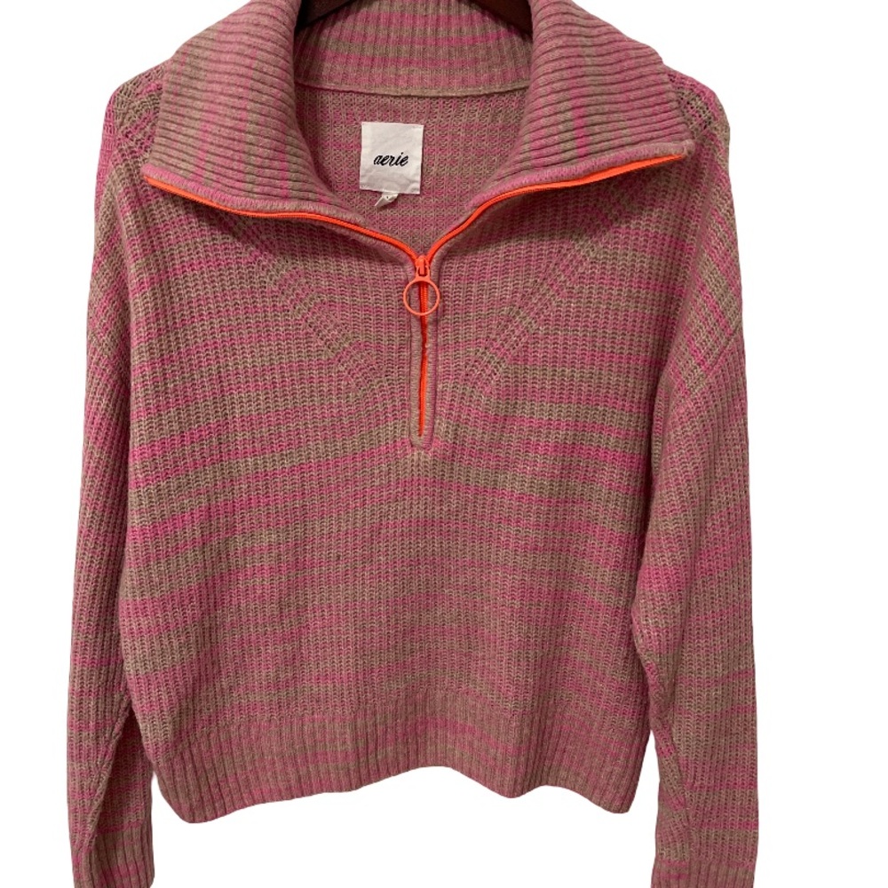 Aerie Pink Super Soft Cowl Neck 1/4 Zip Sweater